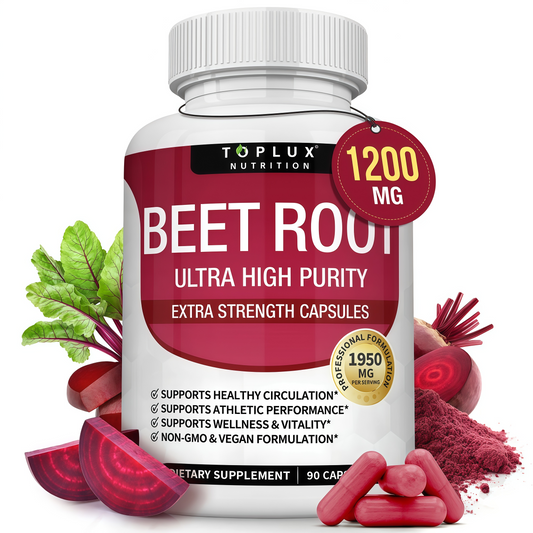 Toplux Organic Beet Root Powder Tablets - 1950mg Natural Nitric Oxide Beets to Support, Energy, Black Pepper Better Absorption, Non-GMO, for Men Women, 90 CAPSULES