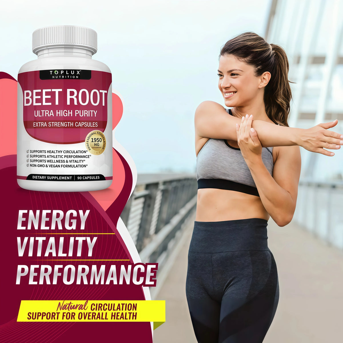 Toplux Organic Beet Root Powder Tablets - 1950mg Natural Nitric Oxide Beets to Support, Energy, Black Pepper Better Absorption, Non-GMO, for Men Women, 90 CAPSULES