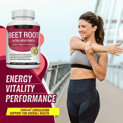 Toplux Organic Beet Root Powder Tablets - 1950mg Natural Nitric Oxide Beets to Support, Energy, Black Pepper Better Absorption, Non-GMO, for Men Women, 90 CAPSULES
