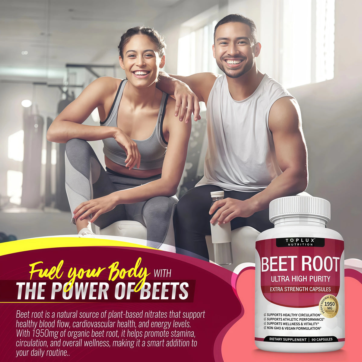 Toplux Organic Beet Root Powder Tablets - 1950mg Natural Nitric Oxide Beets to Support, Energy, Black Pepper Better Absorption, Non-GMO, for Men Women, 90 CAPSULES