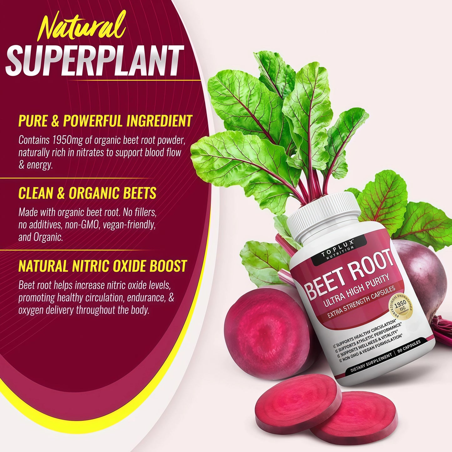 Toplux Organic Beet Root Powder Tablets - 1950mg Natural Nitric Oxide Beets to Support, Energy, Black Pepper Better Absorption, Non-GMO, for Men Women, 90 CAPSULES